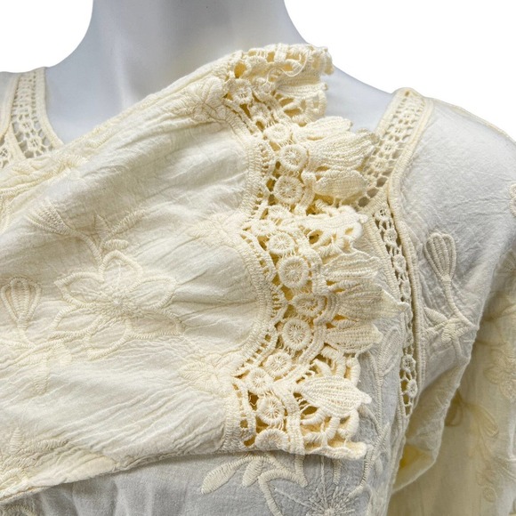 Soft Surroundings Romantique Tunic Crochet Bell Sleeve Aged Yellow Lace Top M - Picture 5 of 8